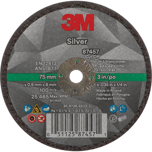 Silver Cut-Off Wheel, 3" x 0.04", 1/4"-28 Arbor, Type 1, Ceramic, 25645 RPM Rock Safety Industrial Ltd