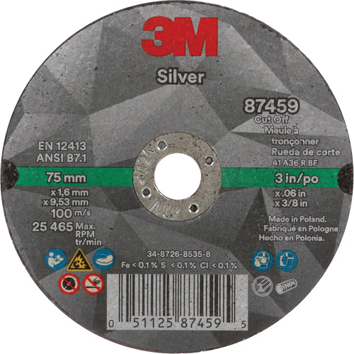 Meule &agrave; tronçonner Silver, 3" x 0,06", Arbre de 3/8"-24, Type 1, C&eacute;ramique, 25645 Tr/min Rock Safety Industrial Ltd