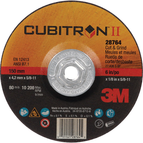 Cubitron II Quick Change Cut & Grind Wheel, 6" x 1/8", 5/8"-11 Arbor, Type 27, Ceramic Rock Safety Industrial Ltd