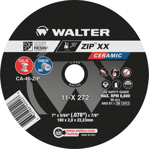 Meule &agrave; tronçonner en c&eacute;ramique Zip XX, 7" x 5/64", Arbre de 7/8", Type 1, C&eacute;ramique, 8600 Tr/min Rock Safety Industrial Ltd