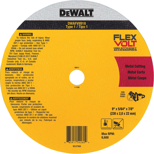 FlexVolt&reg; Metal Cut-Off Wheel, 9-1/16" x 0.078", 22.23 mm Arbor, Ceramic, Type 1 Rock Safety Industrial Ltd