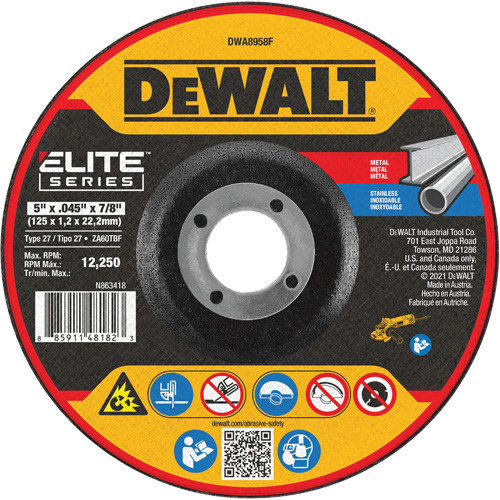 Meule de tronçonnage des m&eacute;taux s&eacute;rie Elite, 5" x 0,045", Arbre 7/8", Alumine de zirconium, Type 27 Rock Safety Industrial Ltd
