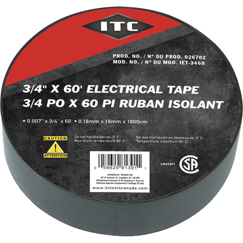 IET-3460 Ruban isolant, Ruban &eacute;lectrique, Rubans isolant, 19 mm (3/4") x 18,28 m (60'), Noir Rock Safety Industrial Ltd