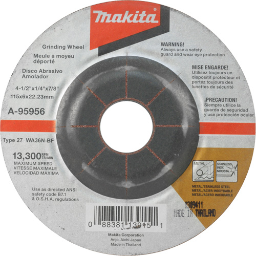 INOX Grinding Wheel, 4-1/2" x 1/4", 7/8" Arbor, Aluminum Oxide, Type 27 Rock Safety Industrial Ltd