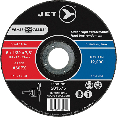 A60PX Power-Xtreme Cut-Off Wheel, 5" x 1/32", 7/8" Arbor, Type 1, 12200 RPM Rock Safety Industrial Ltd