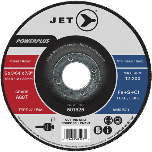 A60T PowerPlus Cut-Off Wheel, 5" x 3/64", 7/8" Arbor, Type 27, 12200 RPM Rock Safety Industrial Ltd