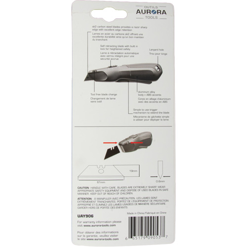 Couteau de s&eacute;curit&eacute; r&eacute;tractable , Acier inoxydable, Robuste, Prise en Plastique/Aluminium Rock Safety Industrial Ltd