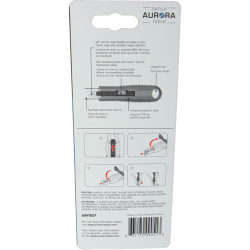 Couteau de s&eacute;curit&eacute; r&eacute;tractable standard, Acier inoxydable, Prise en Caoutchouc Rock Safety Industrial Ltd