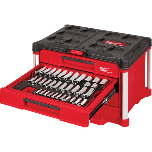 Ensemble de 242 pi&egrave;ces de douilles et cliquets m&eacute;triques et SAE 1/4", 3/8" et 1/2" avec boîte &agrave; outils PACKOUT &agrave; 4 tiroirs, 16-3/10" x 22-1/5" x 14-3/10", Noir/Rouge Rock Safety Industrial Ltd