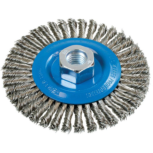 Stringer Bead Knotted Wire Brush, 4-1/2" Dia., 0.02" Fill, 5/8"-11 Arbor, Aluminum/Stainless Steel Rock Safety Industrial Ltd