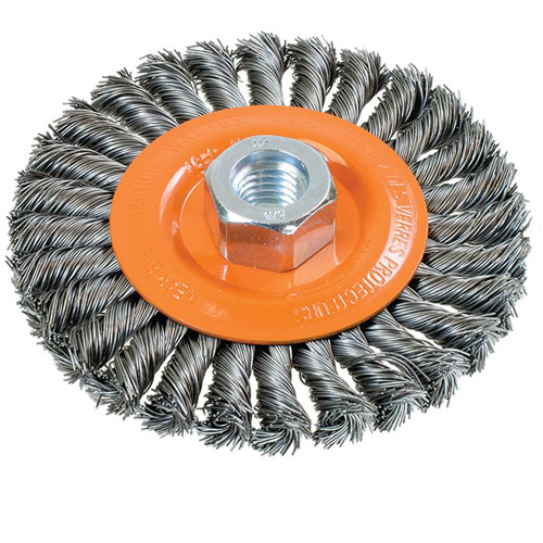 Brosse rotative &agrave; fils nou&eacute;s large, Dia. 4-1/2", Fils 0,02", Arbre 5/8"-11, Acier Rock Safety Industrial Ltd