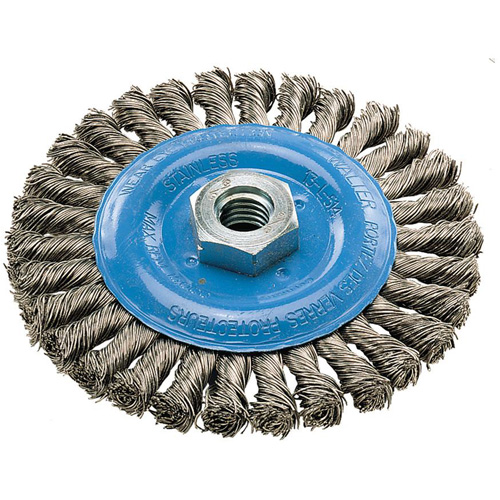 Wide Knotted Wire Wheel Brush, 5" Dia., 0.02" Fill, 5/8"-11 Arbor, Aluminum/Stainless Steel Rock Safety Industrial Ltd