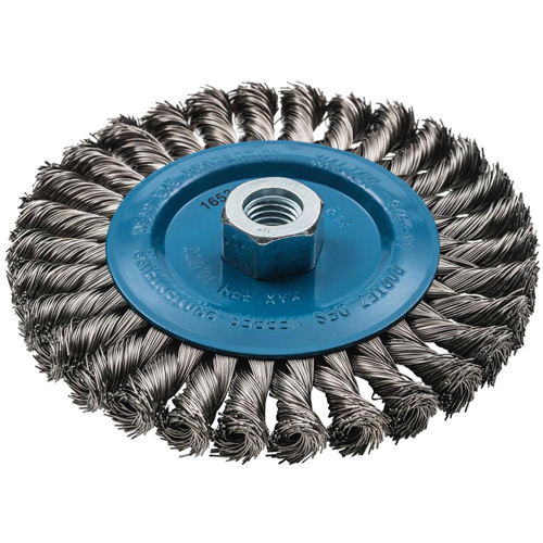 Wide Knotted Wire Wheel Brush, 6" Dia., 0.02" Fill, 5/8"-11 Arbor, Aluminum/Stainless Steel Rock Safety Industrial Ltd