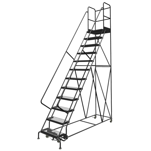Deep Top Step Rolling Ladder, 9 Steps, 24" Step Width, 90" Platform Height, Steel Rock Safety Industrial Ltd