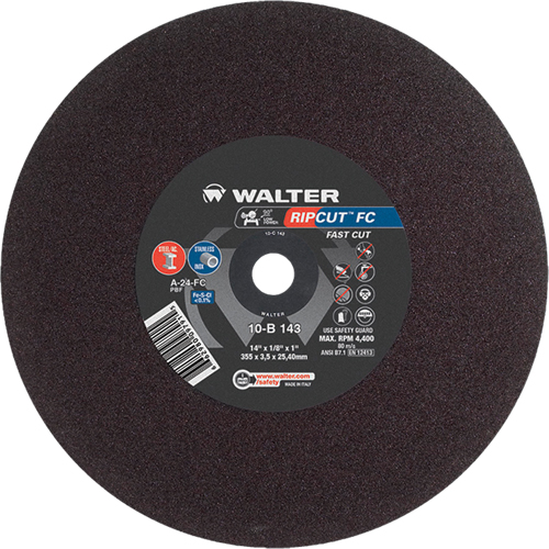 Ripcut Stainless Steel & Steel Cut-Off Wheel for Stationary Saws, 14" x 1/8", 1" Arbor, Type 1, Aluminum Oxide, 4400 RPM Rock Safety Industrial Ltd