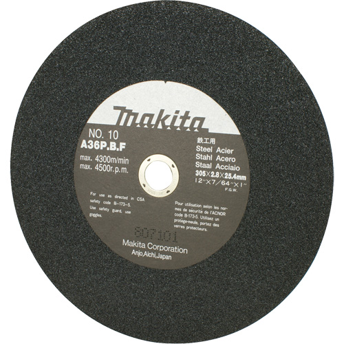 Meule abrasive pour scies &agrave; tronçonner et meuleuses dangle, 12" x 7/64", Arbre de 1", 4500 Tr/min Rock Safety Industrial Ltd