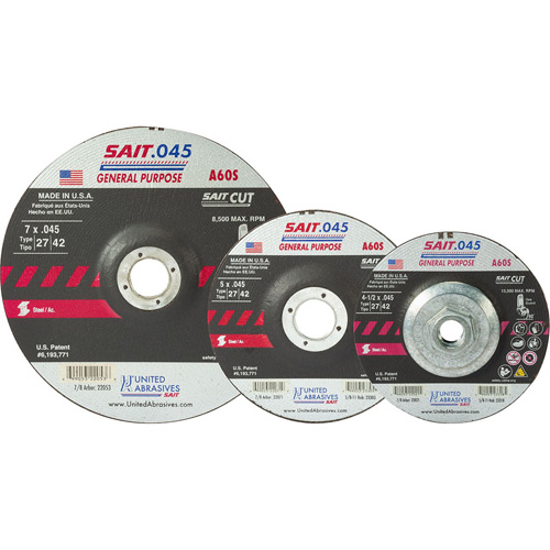 Disque de coupe Sait, 5" x 0,045", Arbre de 7/8", Type 27, Oxyde d'aluminium, 12 200 Tr/min Rock Safety Industrial Ltd
