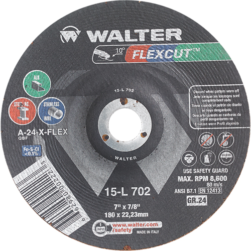 Meules &agrave; moyeu d&eacute;port&eacute; Flexcut, 7", 24 Grain, Oxyde d'aluminium, 7/8", 8600 Tr/min, Type 29 Rock Safety Industrial Ltd