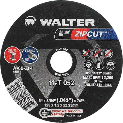 Meule &agrave; tronçonner Zipcut, 5" x 3/64", Arbre de 7/8", Type 1, Oxyde d'aluminium, 12 200 Tr/min Rock Safety Industrial Ltd