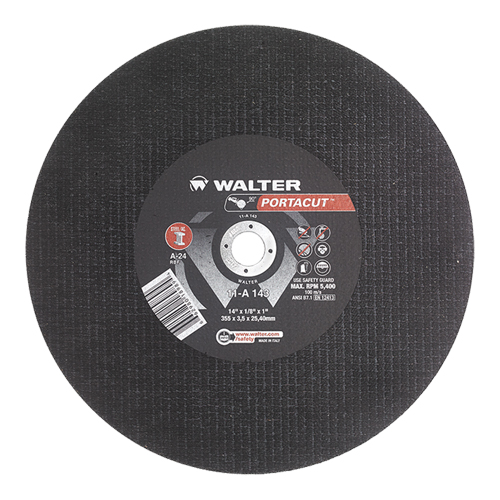 Meule &agrave; tronçonner rapide en acier inoxydable Portacut, 14" x 1/8", Arbre de 1", Type 1, Oxyde d'aluminium, 5400 Tr/min Rock Safety Industrial Ltd