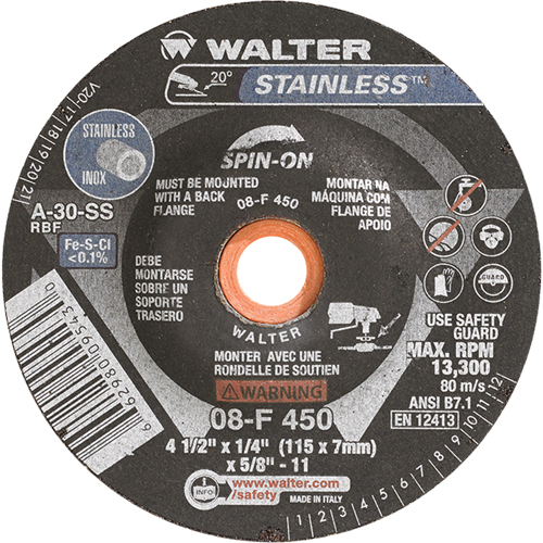 Depressed Centre Grinding Wheels - Stainless Type 27, 4-1/2" x 1/4", 5/8"-11 Arbor, Type 27S Rock Safety Industrial Ltd
