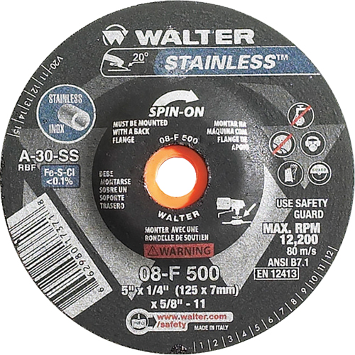 Depressed Centre Grinding Wheels - Stainless Type 27, 5" x 1/4", 5/8"-11 Arbor, Type 27S Rock Safety Industrial Ltd