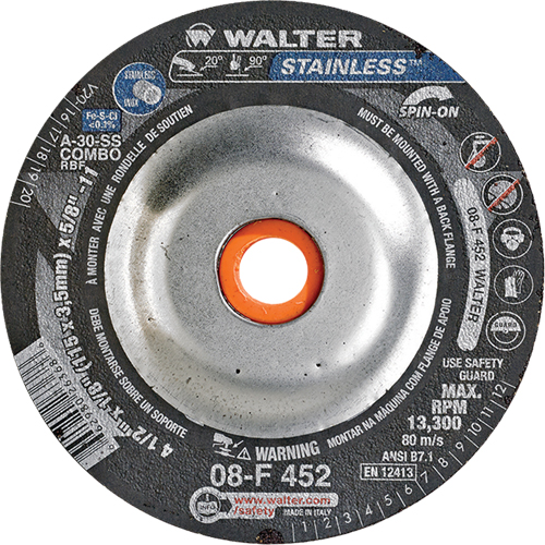 Meules &agrave; moyeu d&eacute;port&eacute; - Acier inoxydable type 27, 4-1/2" x 1/8", Arbre de 5/8"-11, Type 27S Rock Safety Industrial Ltd
