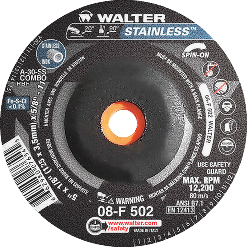 Depressed Centre Grinding Wheels - Stainless Type 27, 5" x 1/8", 5/8"-11 Arbor, Type 27S Rock Safety Industrial Ltd