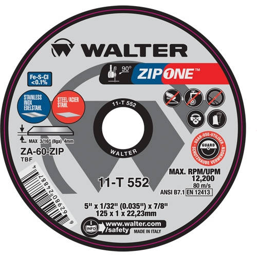Meule &agrave; tronçonner Zip One, 5" x 1/32", Arbre de 7/8", Type 1, Alumine de zirconium, 12 200 Tr/min Rock Safety Industrial Ltd