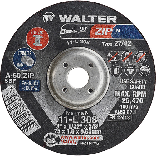Zip Cutting and Grinding Wheel, 3" x 1/13", 3/8" Arbor, Type 27, 60 Grit, Aluminum Oxide Rock Safety Industrial Ltd