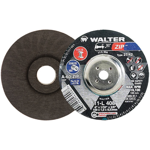 Disque de meulage et de tronçonnage Zip, 4" x 1/32", Arbre de 3/8", Type 27, Grain de 60, Oxyde d'aluminium Rock Safety Industrial Ltd