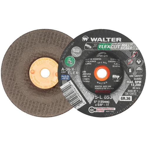 FLEXCUT MILL SCALE Grinding Wheel, 5", 36 Grit, Aluminum Oxide, 5/8"-11, 12200 RPM, Type 29 Rock Safety Industrial Ltd