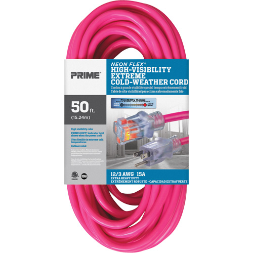Cordon rallonge haute visibilit&eacute; Neon Flex, Ext&eacute;rieur, SJTW, AWG 12/3, 15 A, 50' Rock Safety Industrial Ltd