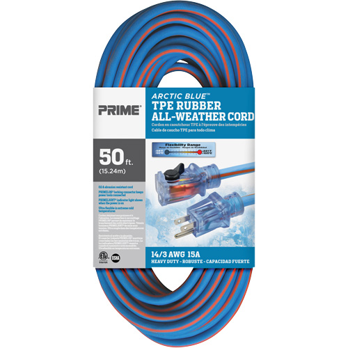 Cordon rallonge Arctic Blue, Toutes saisons, SJEOW, AWG 14/3, 15 A, 50' Rock Safety Industrial Ltd