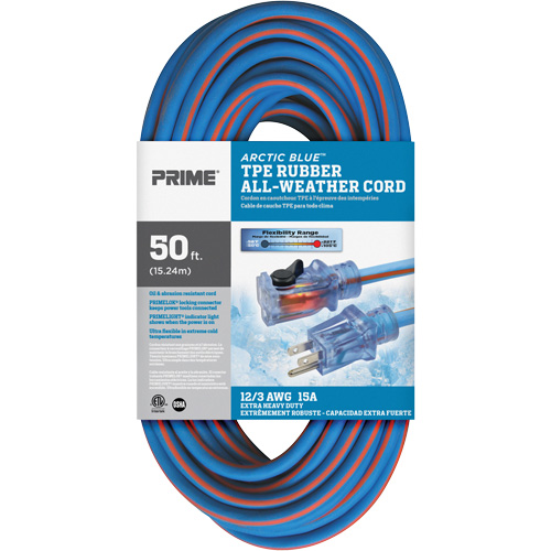 Cordon rallonge verrouillable toute saison en caoutchouc TPE Arctic Blue, Toutes saisons, SJEOW, AWG 12/3, 15 A, 50' Rock Safety Industrial Ltd