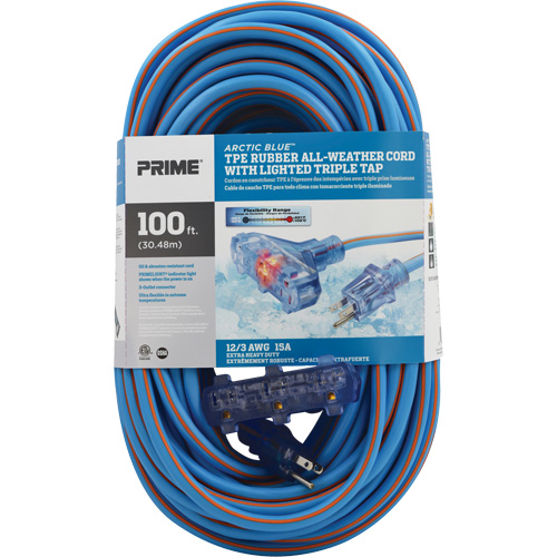 Arctic Blue TPE-Rubber Extension Cord, All-Weather, SJEOW, 12/3 AWG, 15 A, 3 Outlet(s), 100' Rock Safety Industrial Ltd