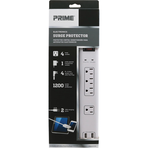 USB Charging Surge Protectors, 4 Outlets, 1200 J, 1875 W, 4' Cord Rock Safety Industrial Ltd