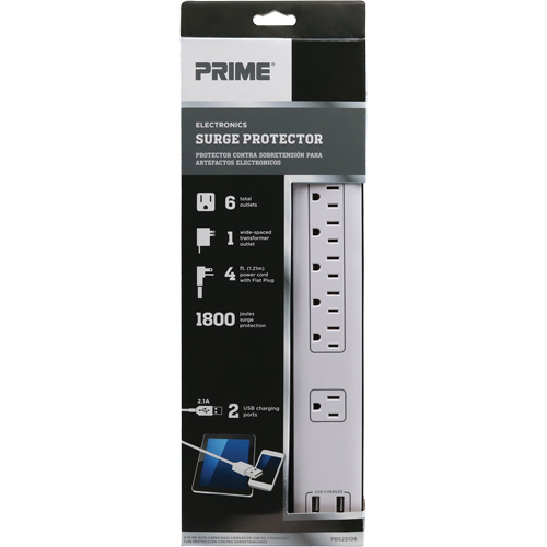 USB Charging Surge Protectors, 6 Outlets, 1800 J, 1875 W, 4' Cord Rock Safety Industrial Ltd