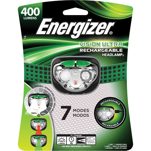 Lampe frontale Vision Ultra, DEL, 400 lumens, 4 hres de fonctionnement, piles Rechargeable Rock Safety Industrial Ltd