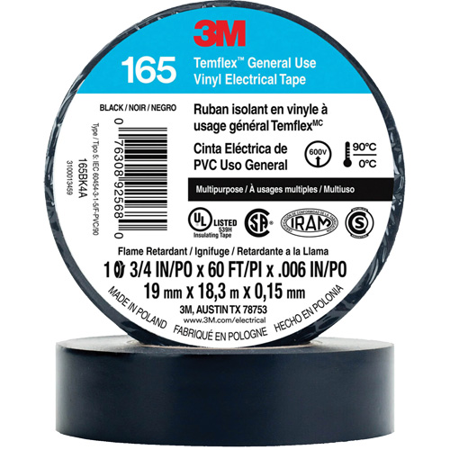 Ruban isolant en vinyle &agrave; usage g&eacute;n&eacute;ral Temflex 165, 19 mm (3/4") x 18 m (60'), Noir, 6 mils Rock Safety Industrial Ltd