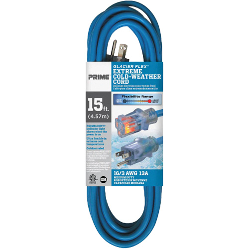 Glacier Flex&reg; Extreme Cold Weather Extension Cord, Outdoor, SJTW, 16/3 AWG, 13 A, 15' Rock Safety Industrial Ltd