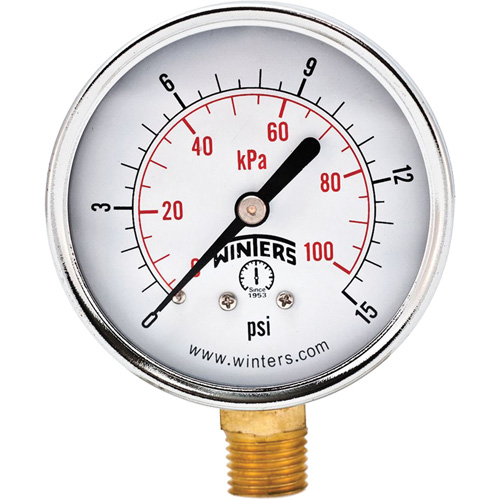 Economy Pressure Gauge, 2-1/2" , 0 - 15 psi, Bottom Mount, Analogue Rock Safety Industrial Ltd