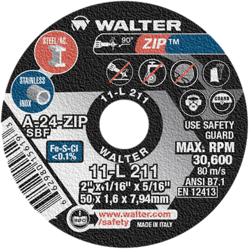 Zip Cut-Off Wheel, 2" x 1/16", 5/16" Arbor, Type 1, Aluminum Oxide, 5100 RPM Rock Safety Industrial Ltd