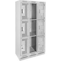 Clean Line Lockers, 3 -tier, Bank of 3, 36" x 12" x 76", Steel, Grey, Rivet (Assembled), Perforated Rock Safety Industrial Ltd