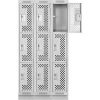 Clean Line Lockers, 3 -tier, Bank of 3, 36" x 12" x 76", Steel, Grey, Rivet (Assembled), Perforated Rock Safety Industrial Ltd