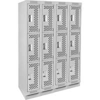 Clean Line Lockers, 3 -tier, Bank of 4, 48" x 12" x 76", Steel, Grey, Rivet (Assembled), Perforated Rock Safety Industrial Ltd