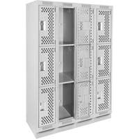 Clean Line Lockers, 3 -tier, Bank of 4, 48" x 12" x 76", Steel, Grey, Rivet (Assembled), Perforated Rock Safety Industrial Ltd
