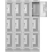 Clean Line Lockers, 3 -tier, Bank of 4, 48" x 12" x 76", Steel, Grey, Rivet (Assembled), Perforated Rock Safety Industrial Ltd