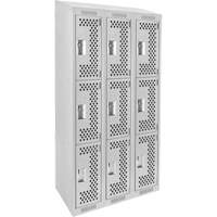 Clean Line Lockers, 3 -tier, Bank of 3, 36" x 18" x 78", Steel, Grey, Rivet (Assembled), Perforated Rock Safety Industrial Ltd