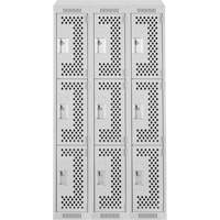 Clean Line Lockers, 3 -tier, Bank of 3, 36" x 18" x 78", Steel, Grey, Rivet (Assembled), Perforated Rock Safety Industrial Ltd